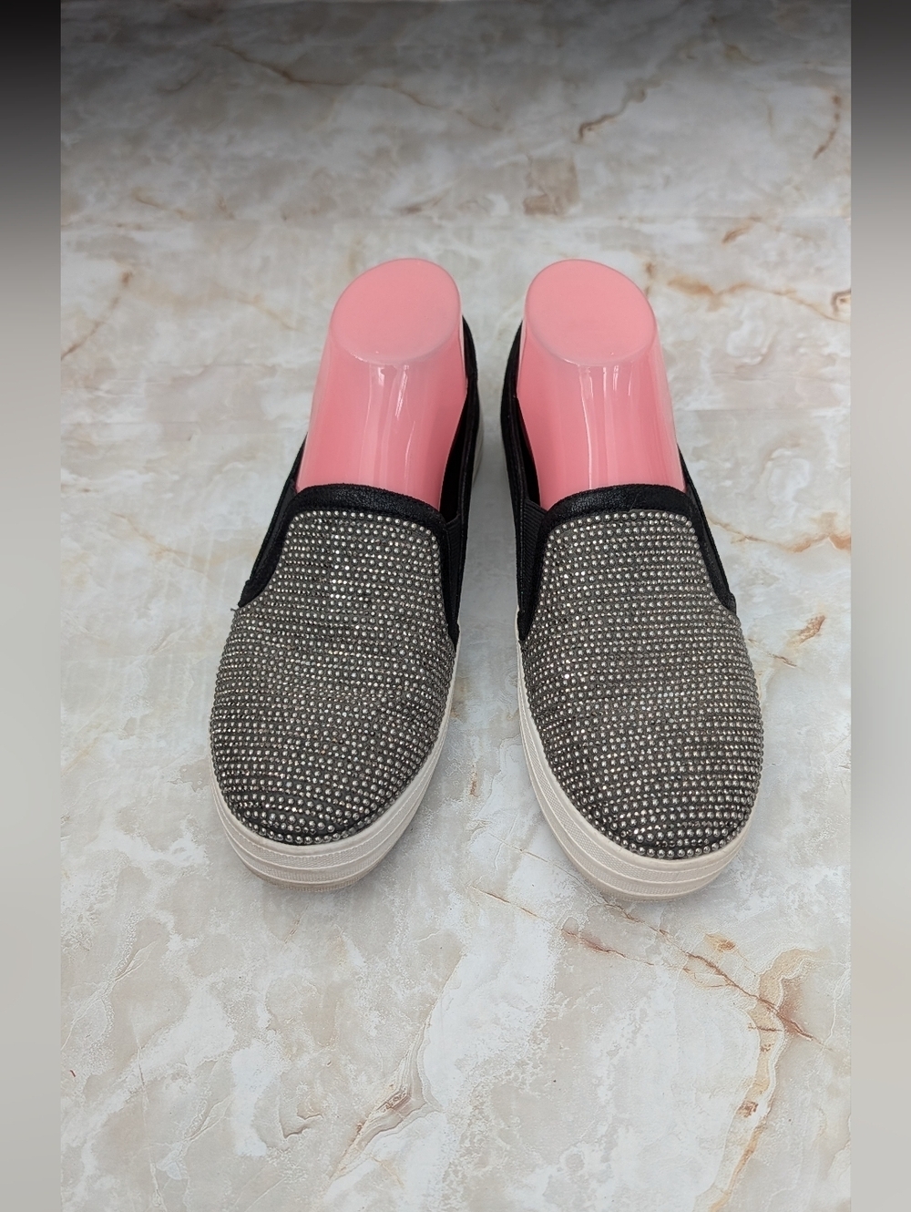 Skechers Slip-On Rhinestone Moccasins in Black with Silver Accents Sz 7.5